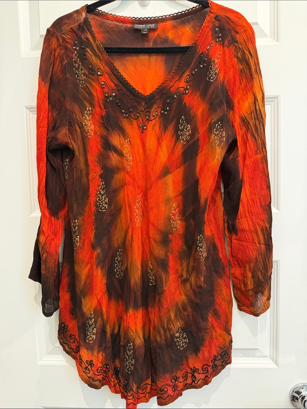 Greater Good Embroidered Beaded V-Neck Tie-Dye Tunic Top -Burnt Oranges & Browns